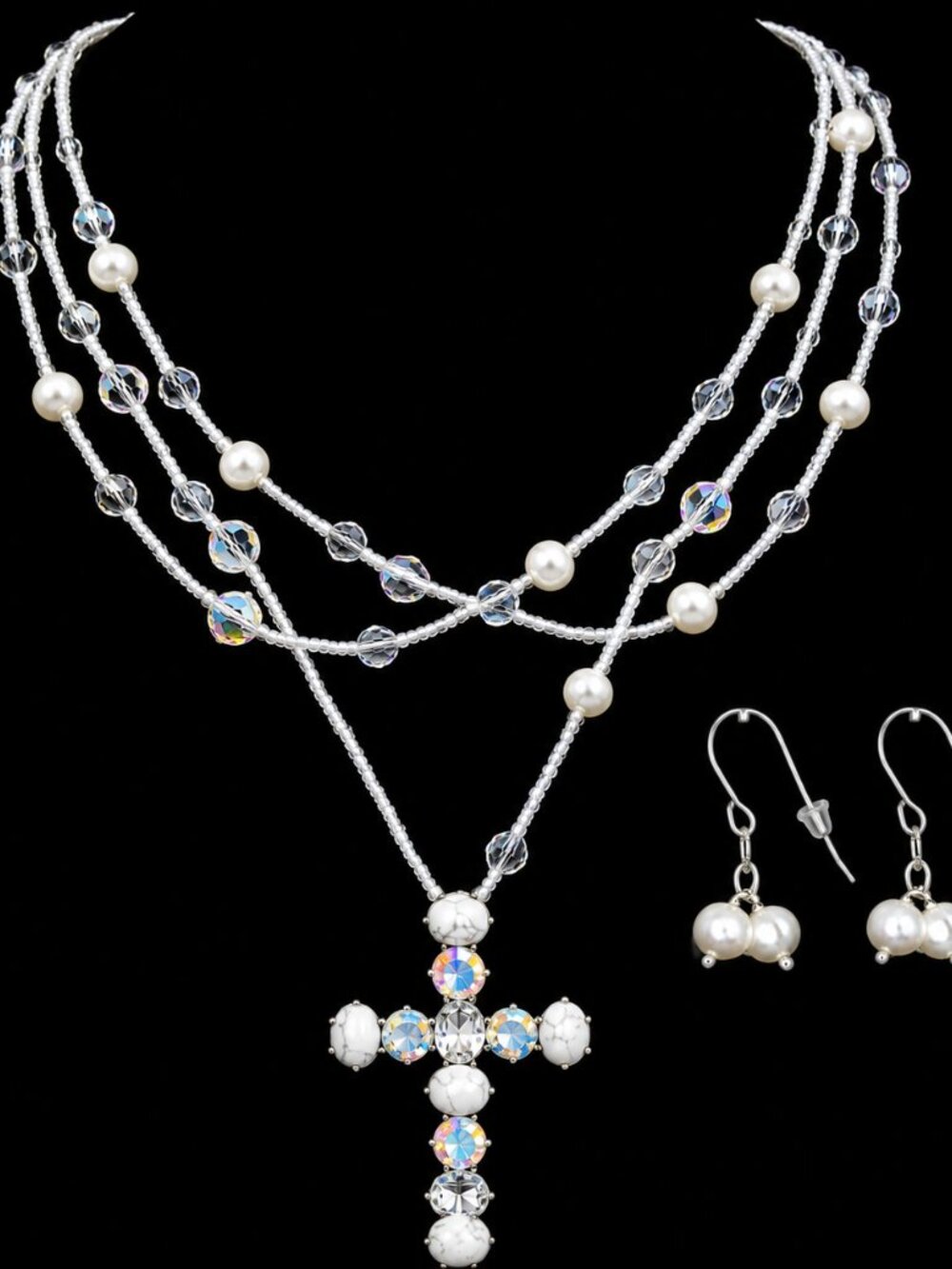 Heavenly Swarovski Crystal Cross Necklace & Freshwater Pearl Earring Set - Picture 2 of 9